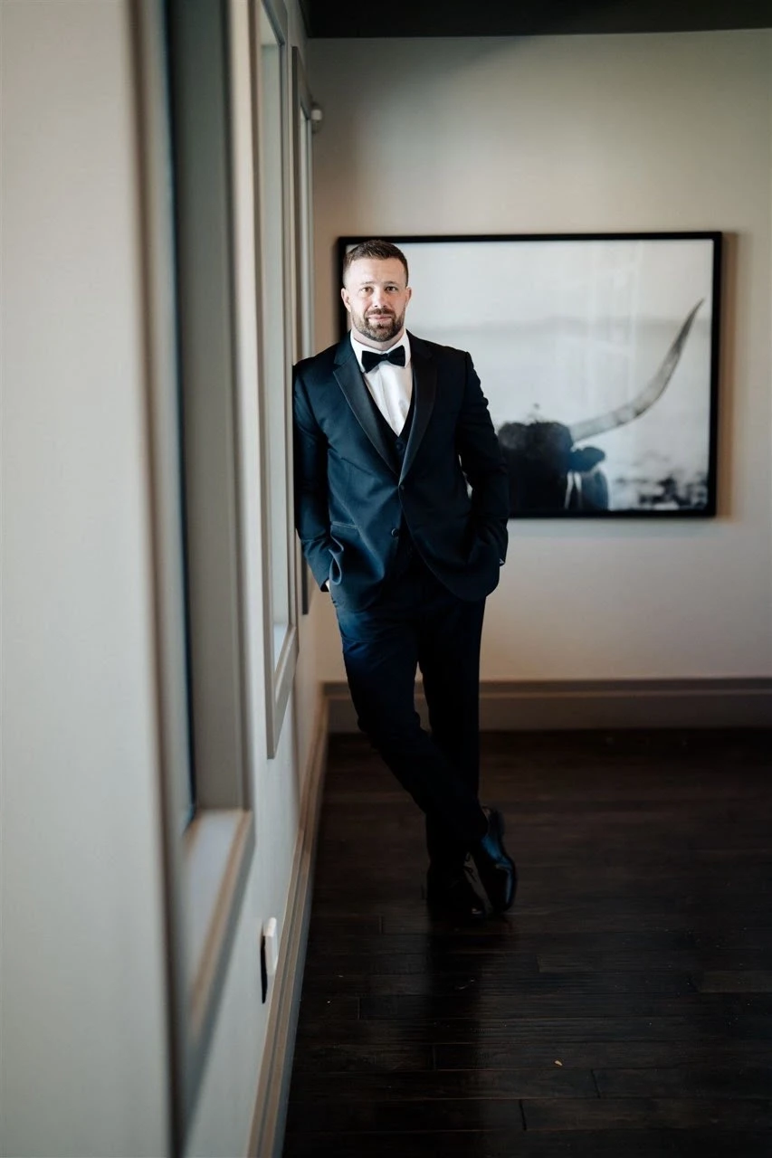 Model wearing a tuxedo