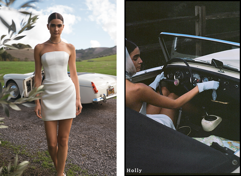 A woman in a white strapless dress stands confidently beside a vintage convertible on a hillside. Another image shows her driving the car, wearing gloves and a scarf, exuding a classic, elegant vibe.