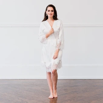 Wedding Star Women's Silky & Lace Trim Bridal Wedding Robe - Wedding Star $1 White thumbnail