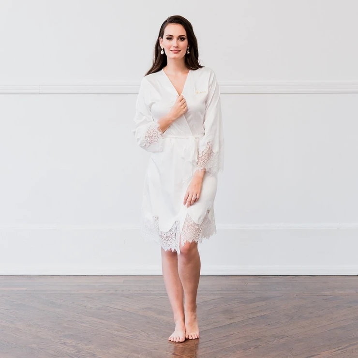 Wedding Star Women's Silky & Lace Trim Bridal Wedding Robe - Wedding Star #1 White picture